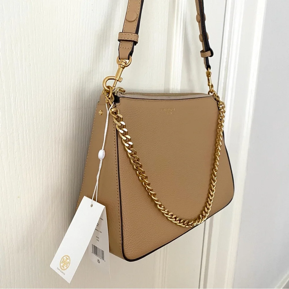 $400 NWT Tory Burch Perry Brown Tan Pebble Leather Gold Chain Strap Shoulder Bag